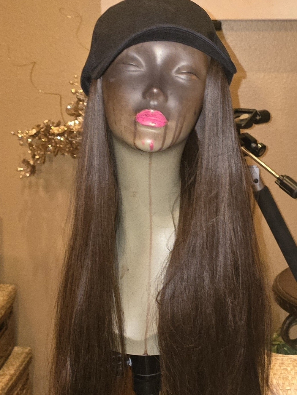 Long Brown Hat Synthetic Wig